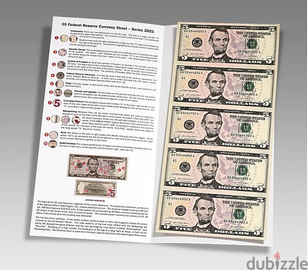 $5: 5-Note Sheet Uncut Currency Washington (DC) 1