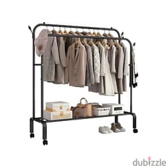 Double Pole Coat Rack with Shoe Shelf and Wheels, Metal Design 0