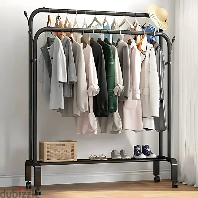 Double Pole Coat Rack with Shoe Shelf and Wheels, Metal Design 1