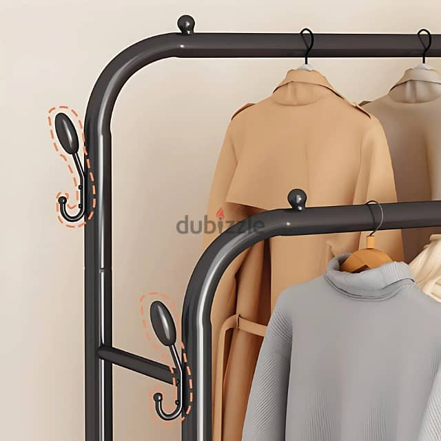 Double Pole Coat Rack with Shoe Shelf and Wheels, Metal Design 3