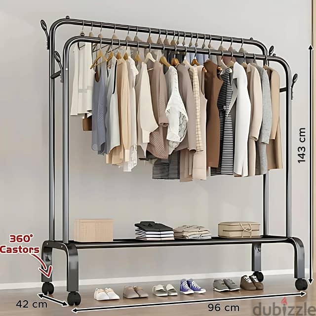 Double Pole Coat Rack with Shoe Shelf and Wheels, Metal Design 5