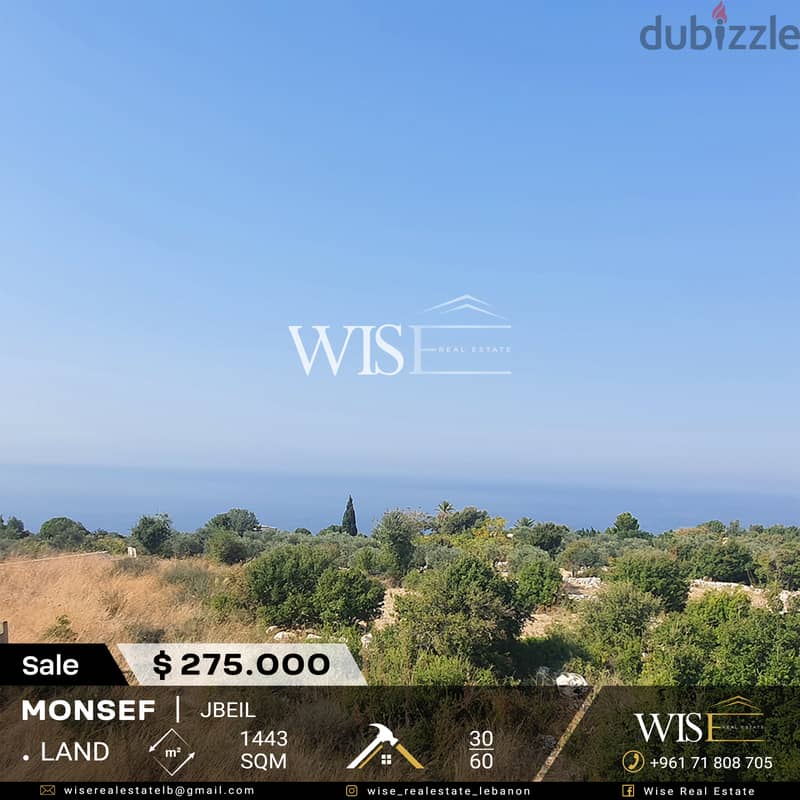  Prime 1443 SQM flat Land for SALE in Monsef-Jbeil! 0