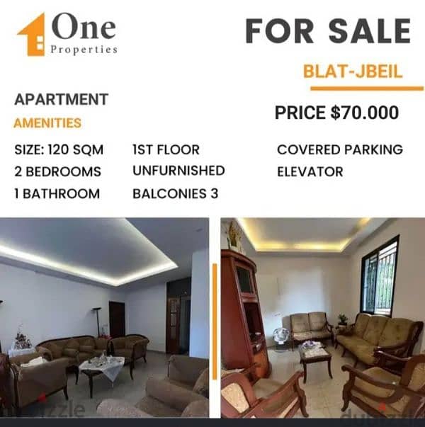 Spacious Apartment for SALE, in BLAT/JBEIL, 4 min from highway. 0