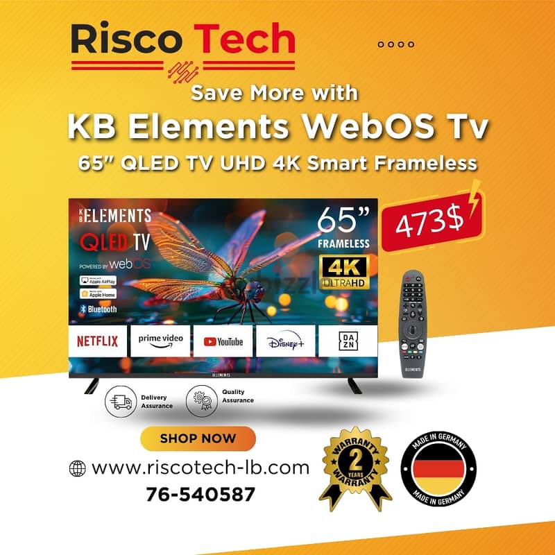 KB ELEMENTS 65″ INCH QLED TV UHD 4K SMART|تلفزيون 65 انش - كفالة سنتين 0