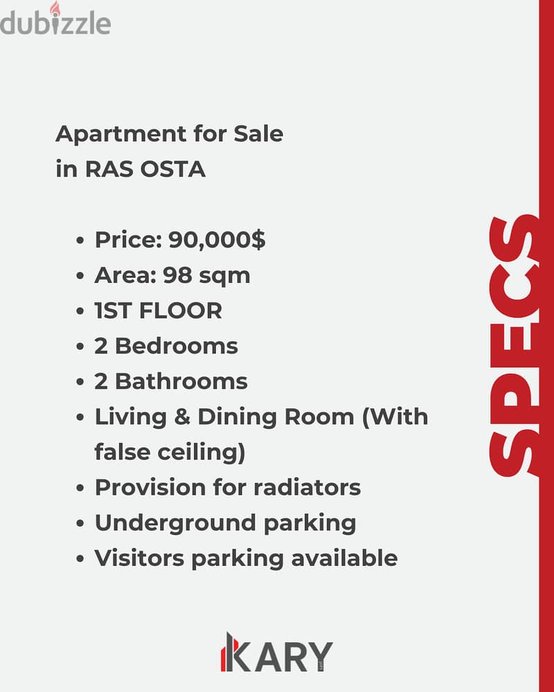 98M2 Floor 1 Apartment for Sale in Jbeil RAS OSTA, شقة للبيع في رأس أس 2