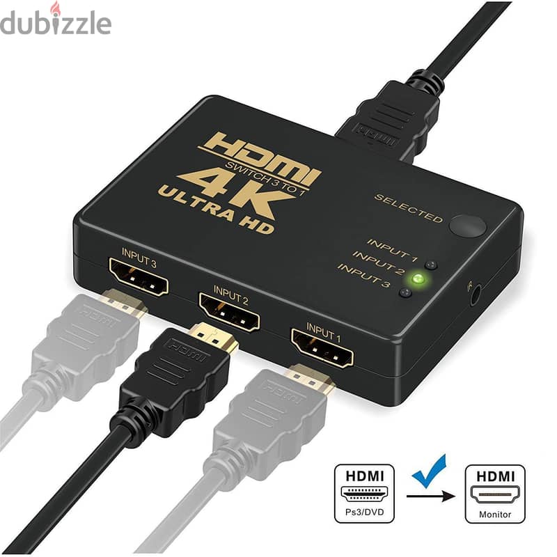 HDMI switch 4K UHD, 3 ports Switcher 3 in 1 out HDMI switcher Hub Box 4