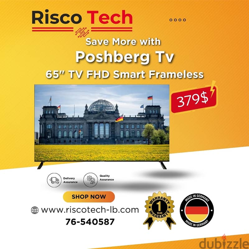 POSHBERG 65″ INCH 4K UHD Smart Frameless TV-تلفزيون 65 انش - كفالة سنة 0