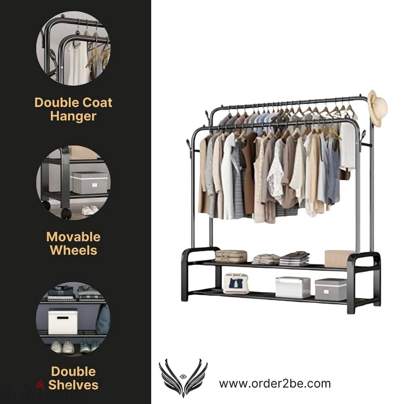 Double Steel Clothes Rack with Hooks, Shoe Shelves and Wheels 5