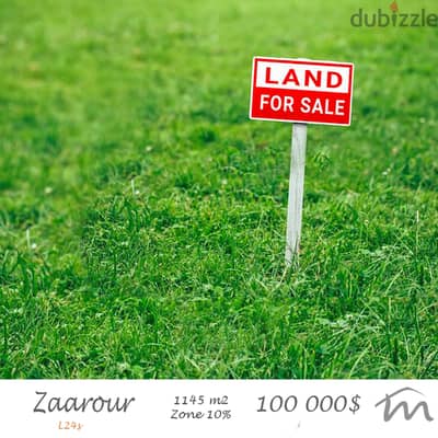 Zaarour | 1145m² Land | ZONE 10% | Road Access | 87$/SQM | View