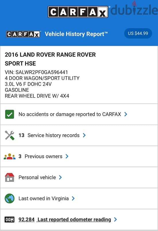 Land Rover Range Rover Sport 2016 v6 (7 seats) clean car fax 14