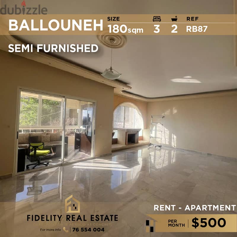 Apartment for rent in Ballouneh semi furnished RB87 0