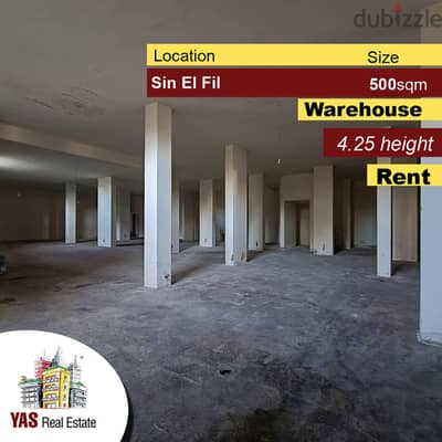 Sin El Fil 500m2 | Spacious Warehouse | Rent | 4.25 Height | AA |