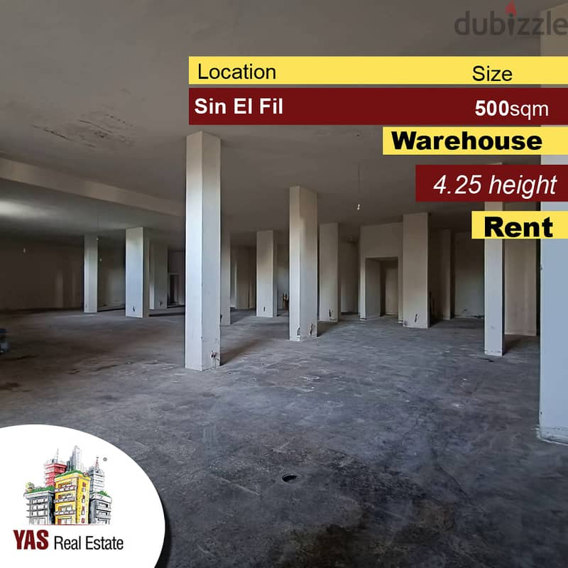 Sin El Fil 500m2 | Spacious Warehouse | Rent | 4.25 Height | AA | 0