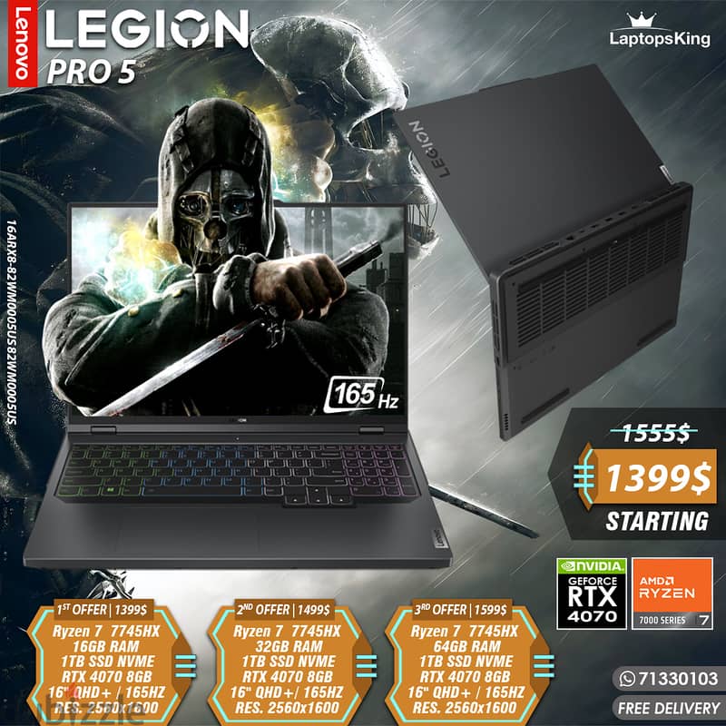 LENOVO LEGION PRO 5 16ARX8 RYZEN 7 7745HX RTX 4070 RES. 2560x1600 165 0