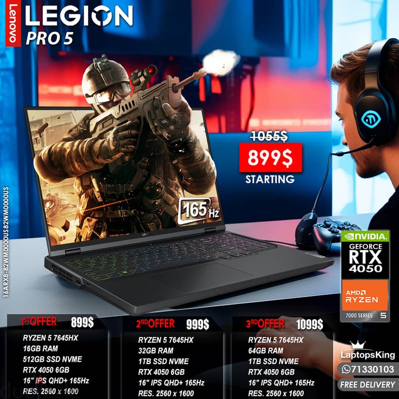 LENOVO LEGION PRO 5 16ARX8 RYZEN 5 7645HX RTX 4050 RES. 2560x1600 165 0