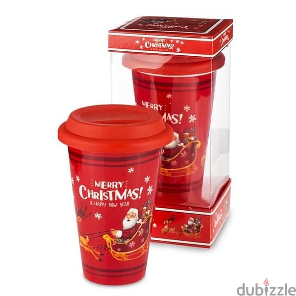 Festive 10 Oz Ceramic Cup with Lid – Perfect Christmas Gift 0