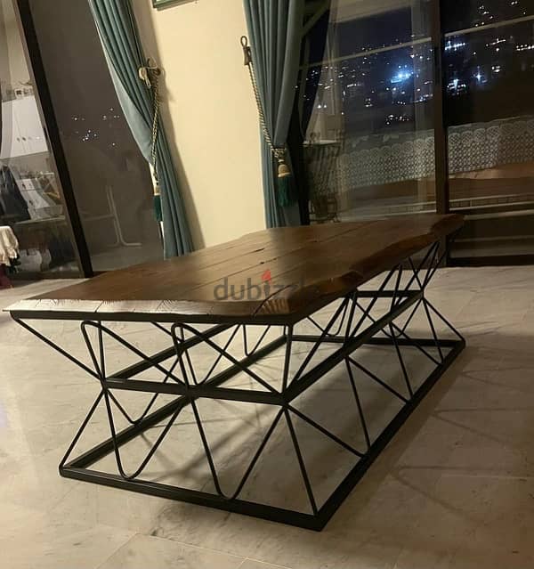 coffee table with natural wood and metal legs 1