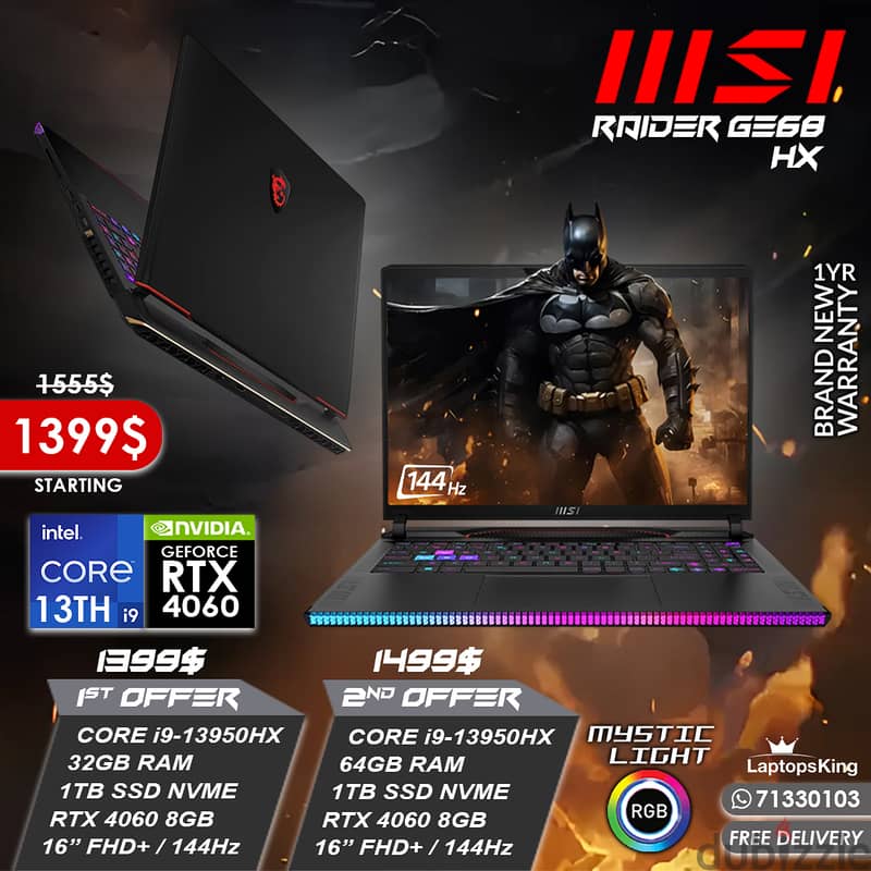 MSI RAIDER GE68 HX CORE i9-13950HX  RTX 4060 144HZ 16” GAMING LAPTOPS 0