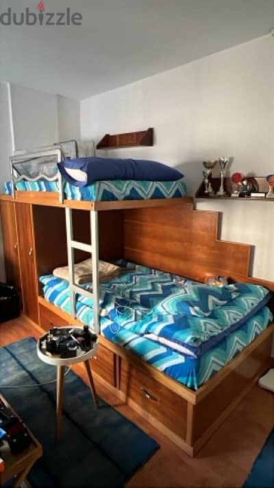 bunk beds (including 2 built in closets) + drawers + shelves