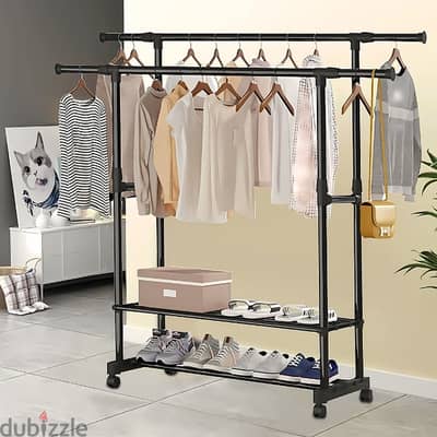 Portable Clothes Rack with Adjustable Rods and Shoe Shelves