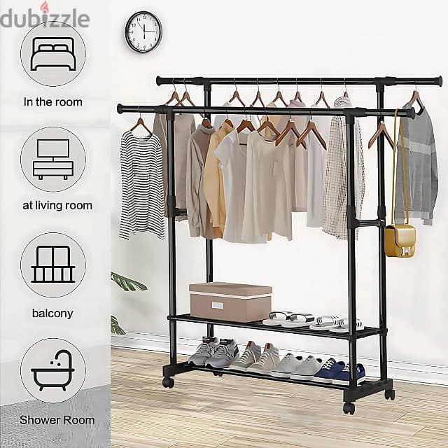 Portable Clothes Rack with Adjustable Rods and Shoe Shelves 1