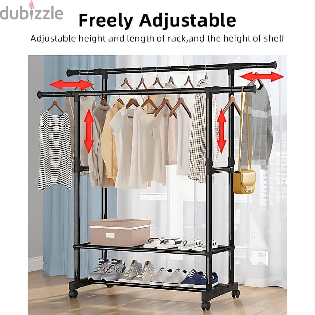 Portable Clothes Rack with Adjustable Rods and Shoe Shelves 2