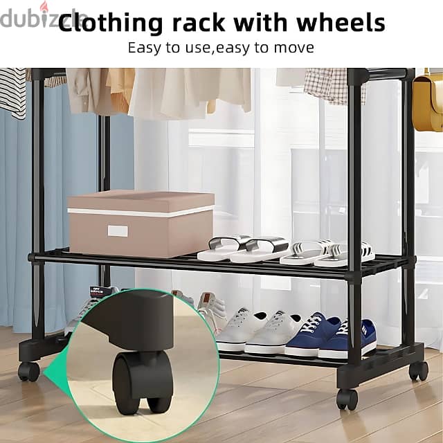 Portable Clothes Rack with Adjustable Rods and Shoe Shelves 3