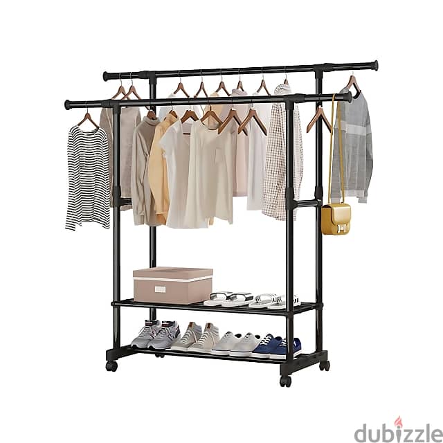 Portable Clothes Rack with Adjustable Rods and Shoe Shelves 4