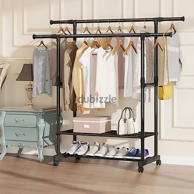 Portable Clothes Rack with Adjustable Rods and Shoe Shelves 5