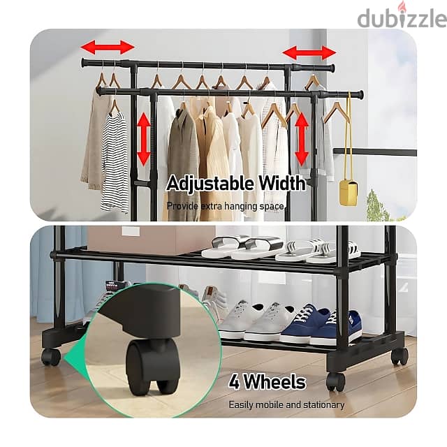 Portable Clothes Rack with Adjustable Rods and Shoe Shelves 6