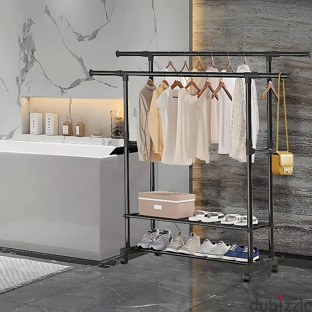 Portable Clothes Rack with Adjustable Rods and Shoe Shelves 7