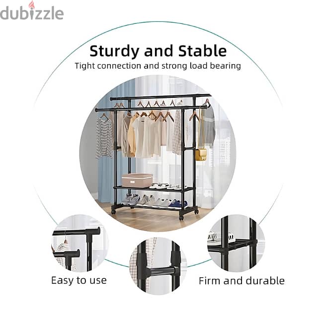 Portable Clothes Rack with Adjustable Rods and Shoe Shelves 8