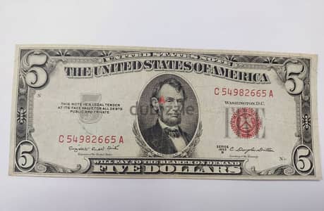 USA Five Dollars Banknote Red Seal year 1953 very fine