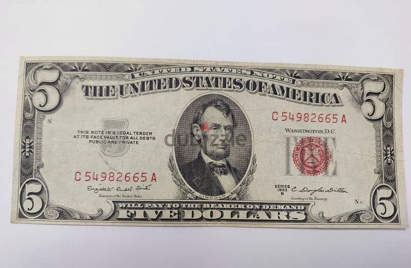 USA Five Dollars Banknote Red Seal year 1953 very fine 0