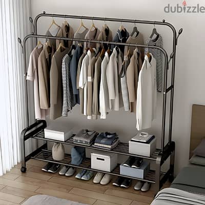 Double Steel Clothes Rack with Hooks, Shoe Shelves and Wheels