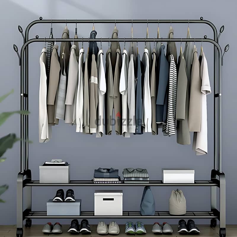 Double Steel Clothes Rack with Hooks, Shoe Shelves and Wheels 1