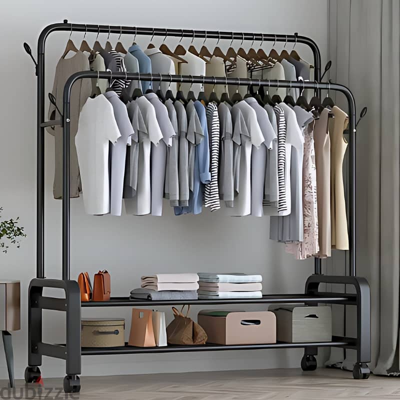 Double Steel Clothes Rack with Hooks, Shoe Shelves and Wheels 2