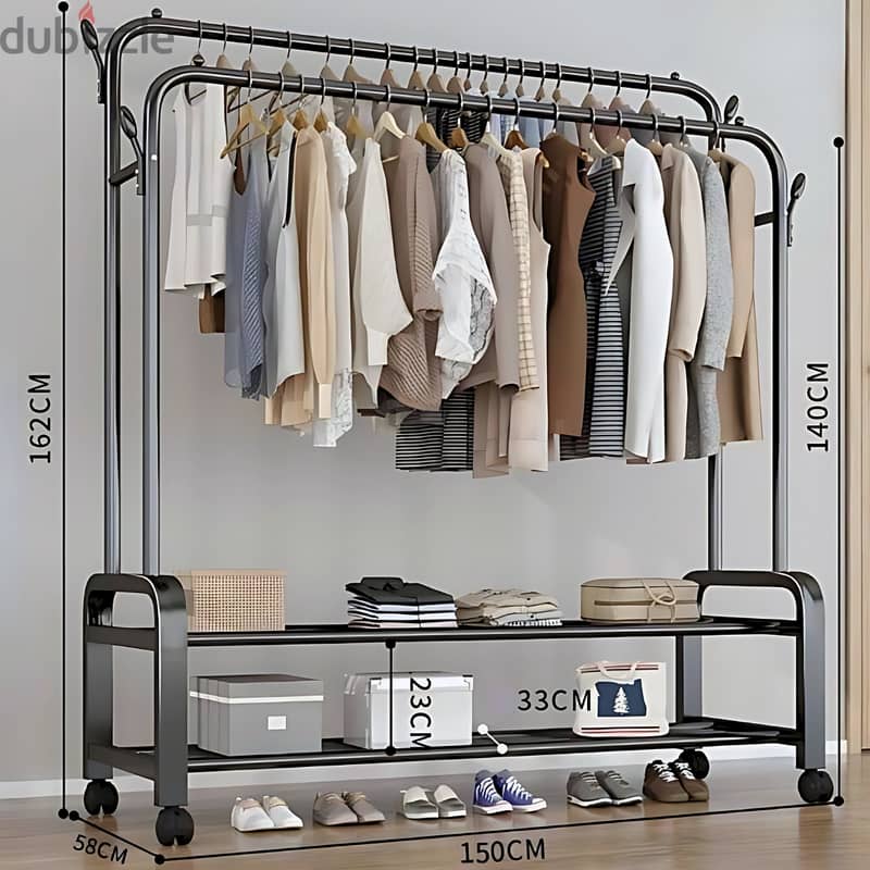 Double Steel Clothes Rack with Hooks, Shoe Shelves and Wheels 3