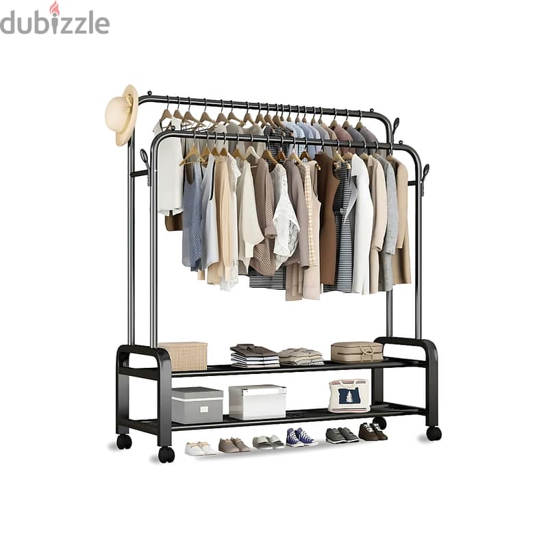 Double Steel Clothes Rack with Hooks, Shoe Shelves and Wheels 8