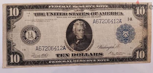 USA Large Ten Dollars Banknote 1st mint"president Jackson" 1914