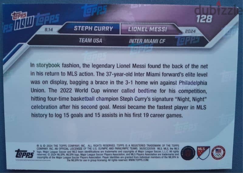 Night,Night ! Steph Curry & Leo Messi dual out off stock card. mint. 1