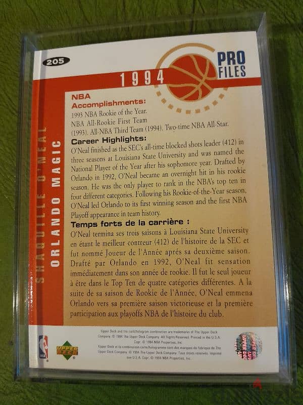 SHAQ. trading card profiles. nba Basketball 94. Mint condition. licensed 1