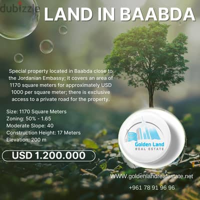 1170 SQM Land in Baabda Overlooking the Mountains