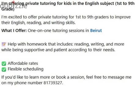 English Private Tutoring for (1st-9th grade levels)