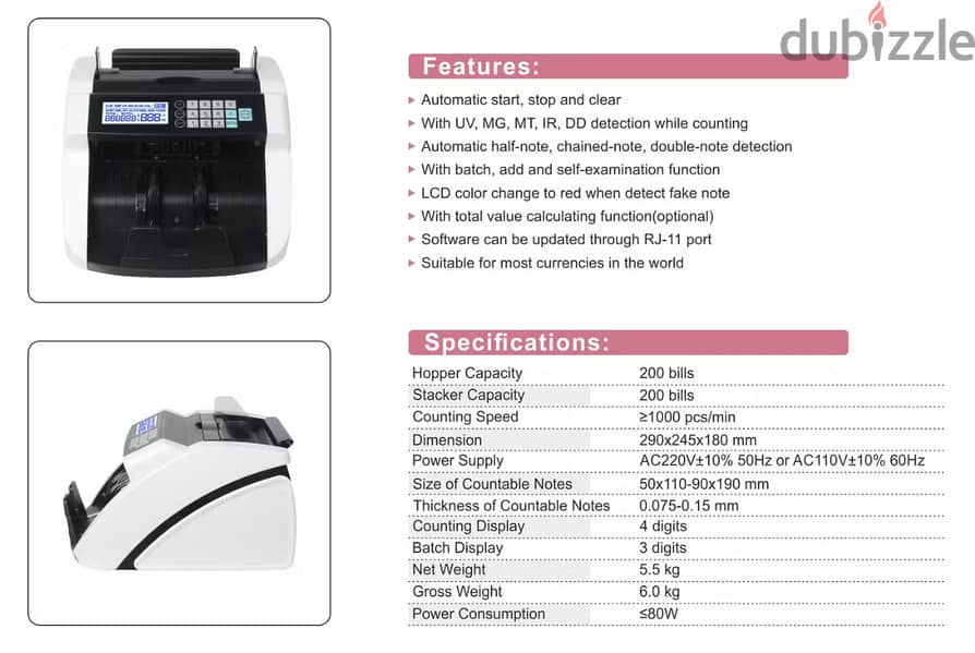 Money counter (Lbp, USD, Euro) and fake bill detector UV, AL-800 4