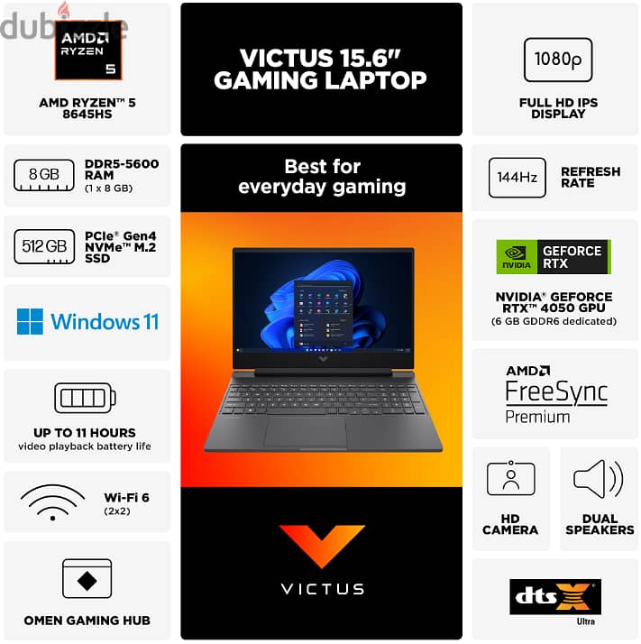 HP Victus 15, 15.6″ 144Hz, Amd® Ryzen™ 5-8645Hs – RAM 8 GB – NVME 512 1