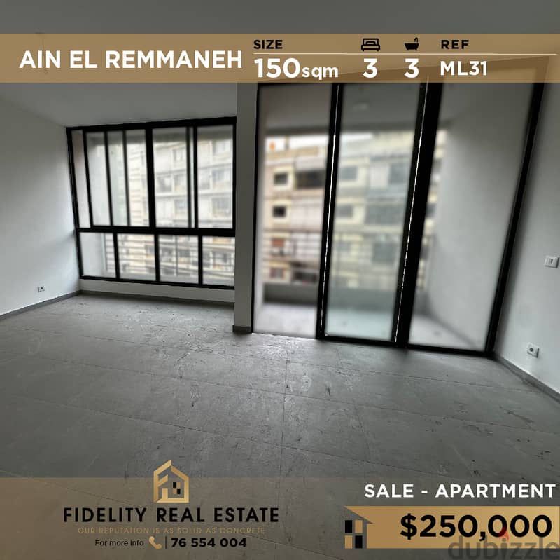 Apartment for sale in Ain el remmaneh ML31 0