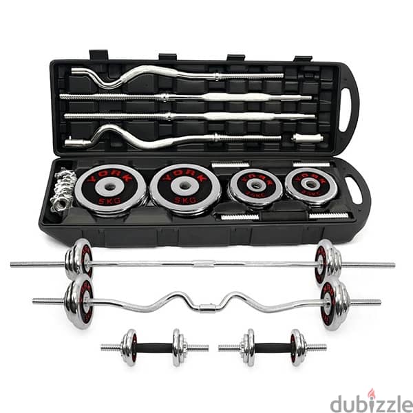 York Fitness Chrome Dumbbell and Barbell Set with Carry Case | 50 Kg 0