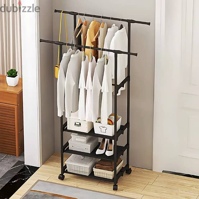 Minimalist Clothes Rack with 3 Shelves and Double Hanging Rods 1