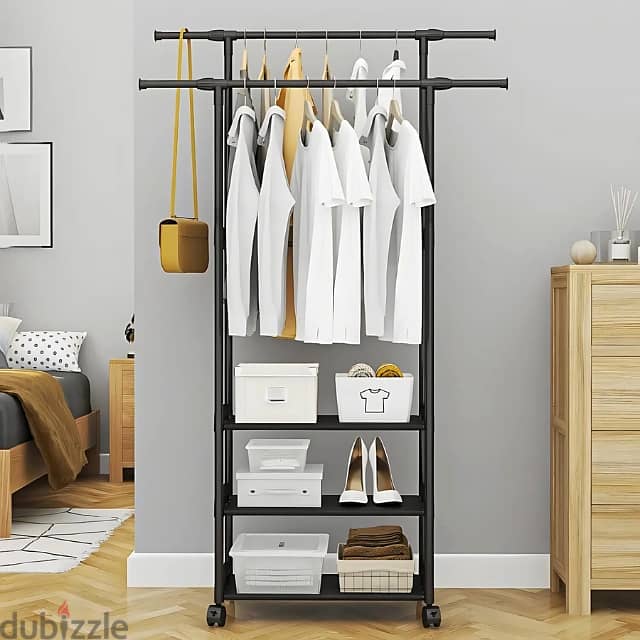 Minimalist Clothes Rack with 3 Shelves and Double Hanging Rods 4